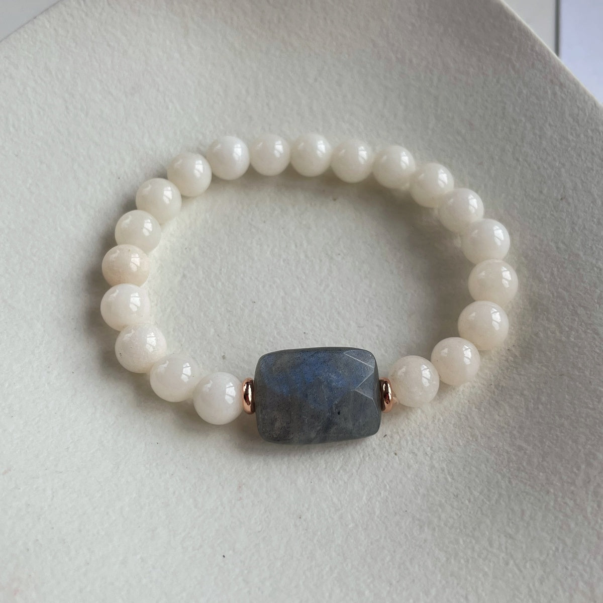 Natural Labradorite & Beige Jade Bracelet 8mm | Rose Gold
