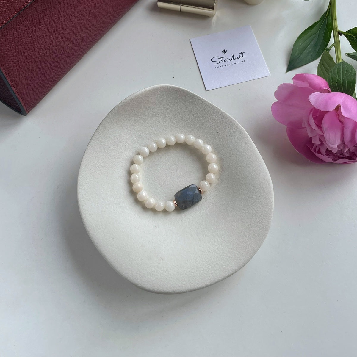 Natural Labradorite & Beige Jade Bracelet 8mm | Rose Gold