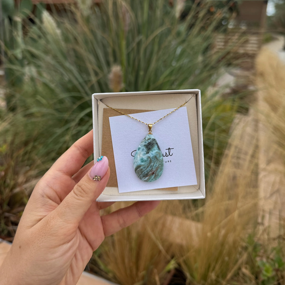 Luxury Natural Larimar Pendant Necklace, 18K Gold-Plated, A Little Piece of the Caribbean Sea