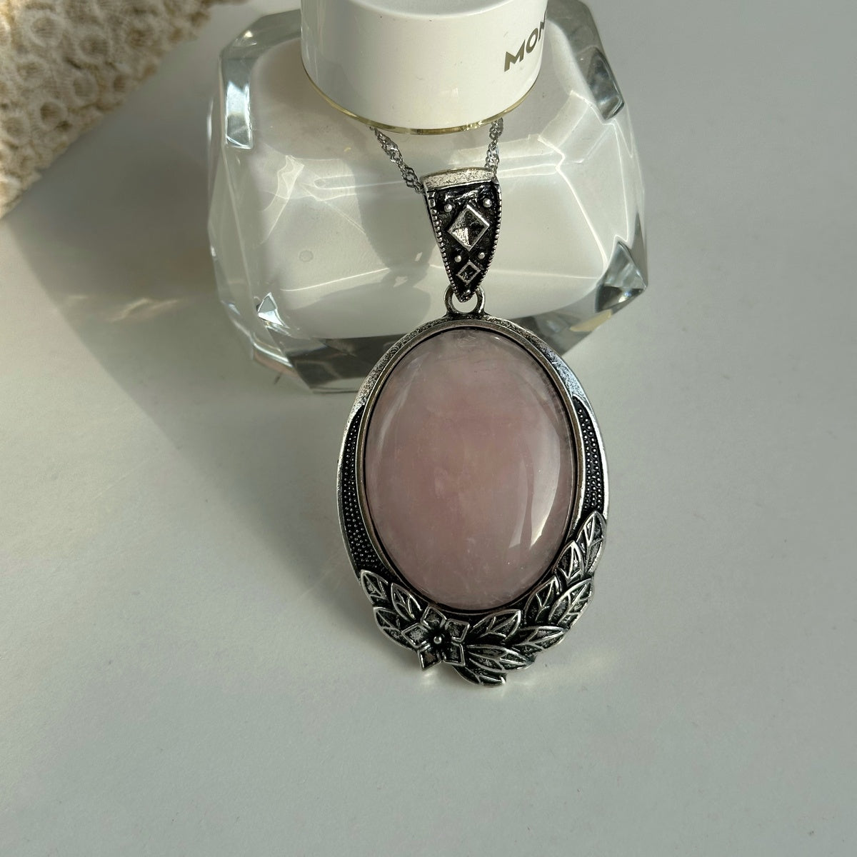 Large Rose Quartz Floral Pendant Necklace | Pink Gemstone Statement Jewelry