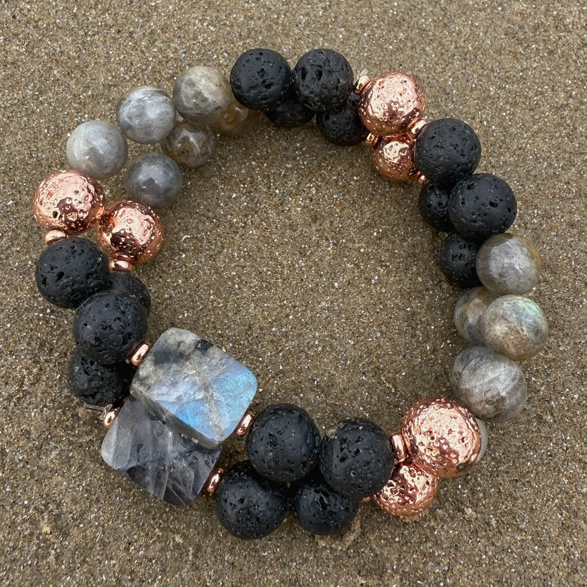 Labradorite Lava Rose Gold Bracelet Stack, Boho Natural Aromatherapy Gemstone Bracelet