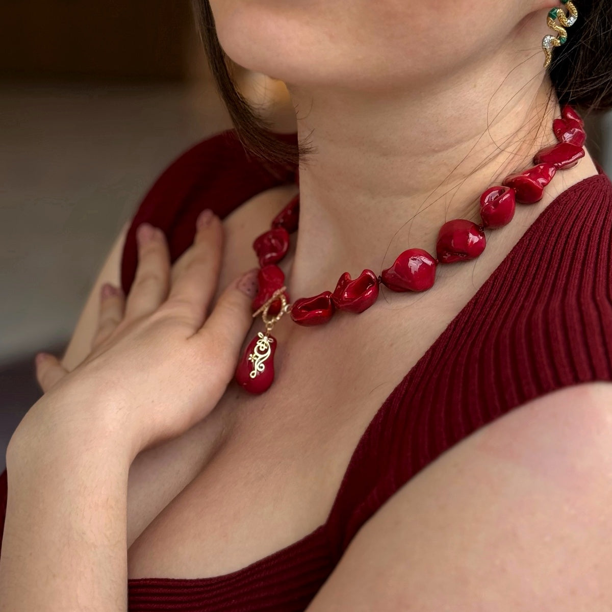 Red Baroque Pearl Necklace, Glamorous Evening Formal jewelry