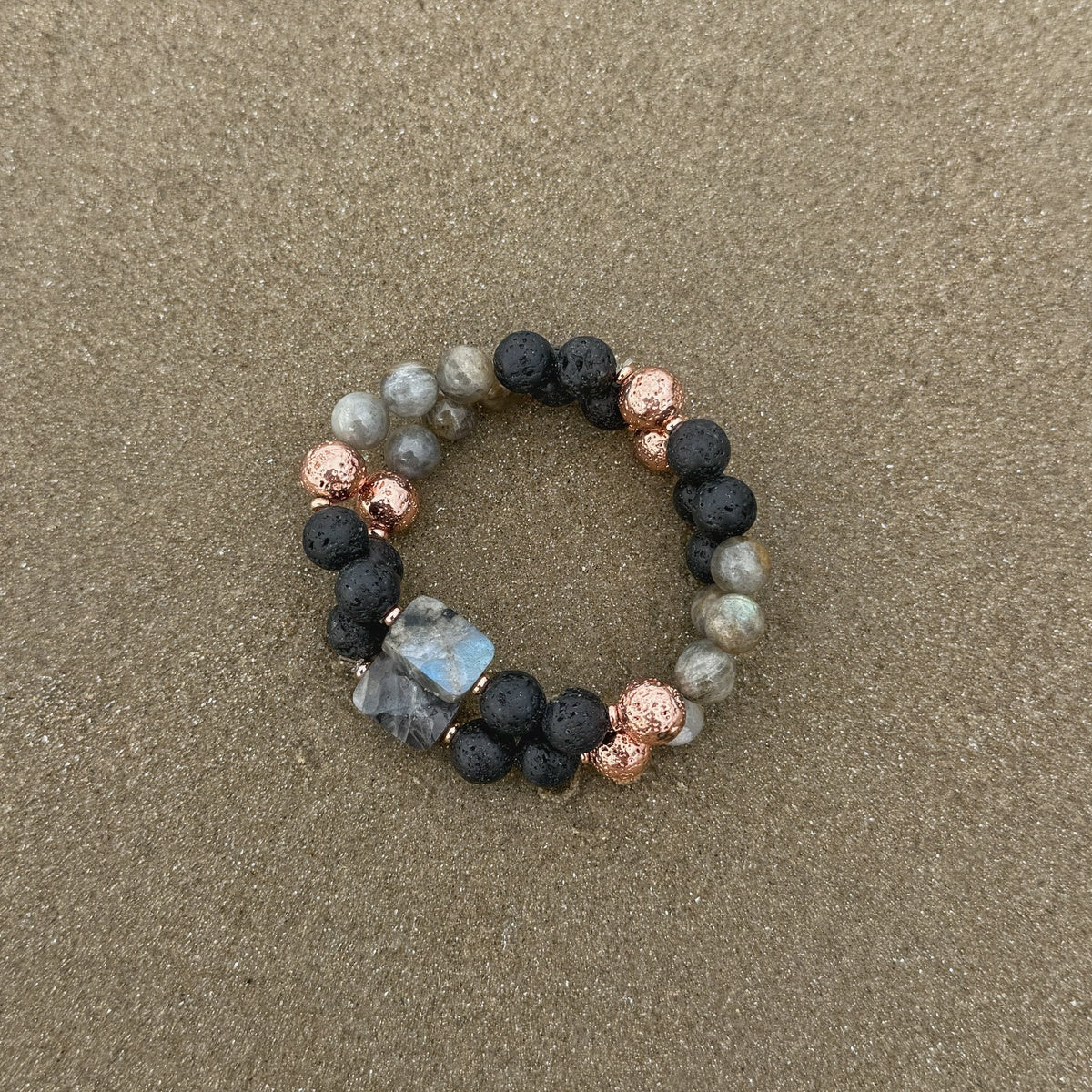 Labradorite Lava Rose Gold Bracelet Stack, Boho Natural Aromatherapy Gemstone Bracelet