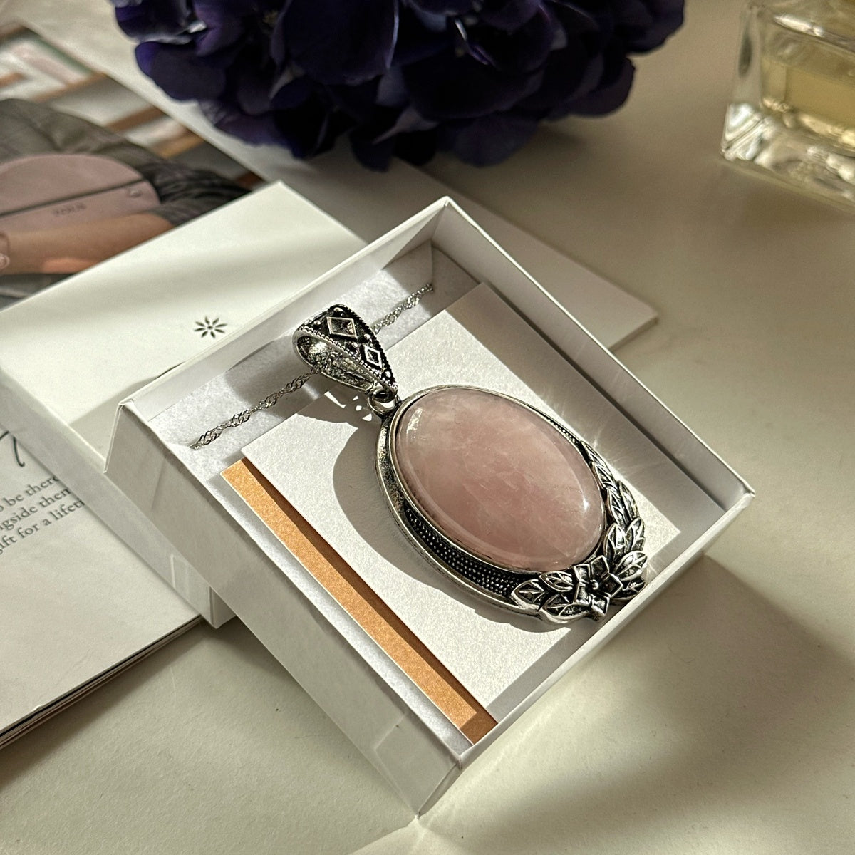 Large Rose Quartz Floral Pendant Necklace | Pink Gemstone Statement Jewelry