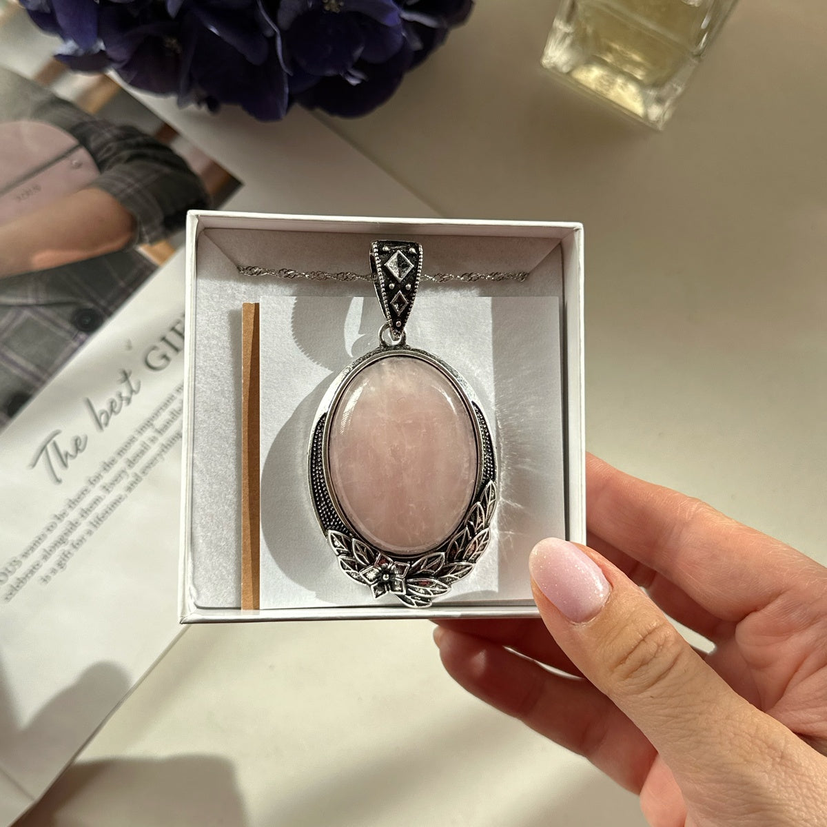 Large Rose Quartz Floral Pendant Necklace | Pink Gemstone Statement Jewelry