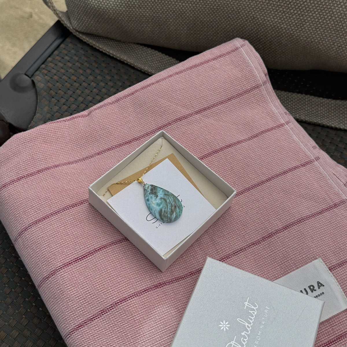 Luxury Natural Larimar Pendant Necklace, 18K Gold-Plated, A Little Piece of the Caribbean Sea