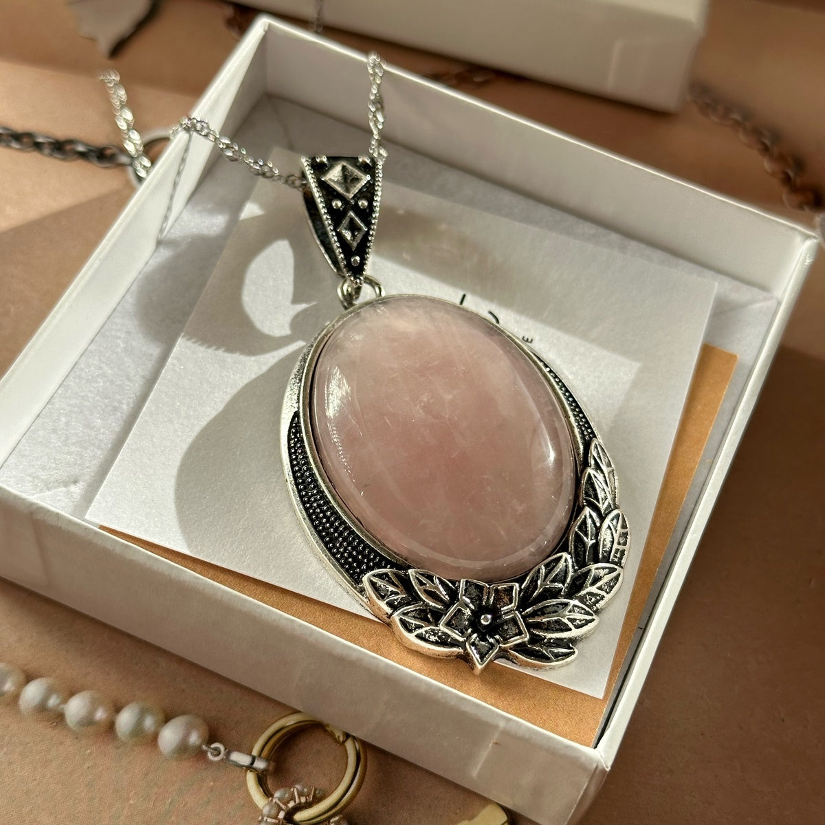 Large Rose Quartz Floral Pendant Necklace | Pink Gemstone Statement Jewelry