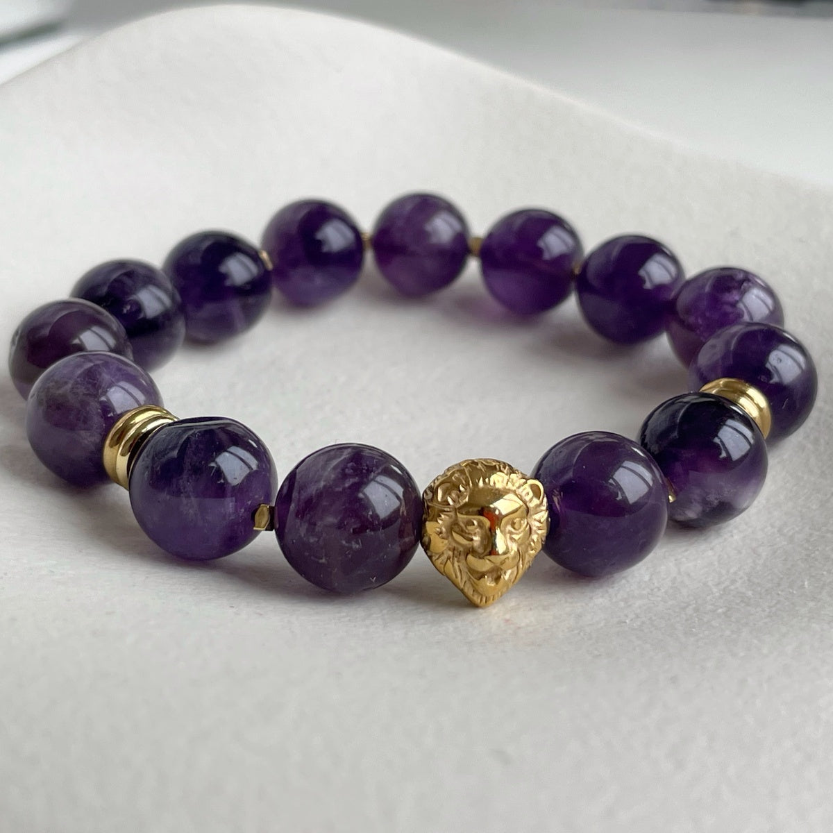 Luxury Amethyst Bracelet | 18K Gold-Plated Lion Head