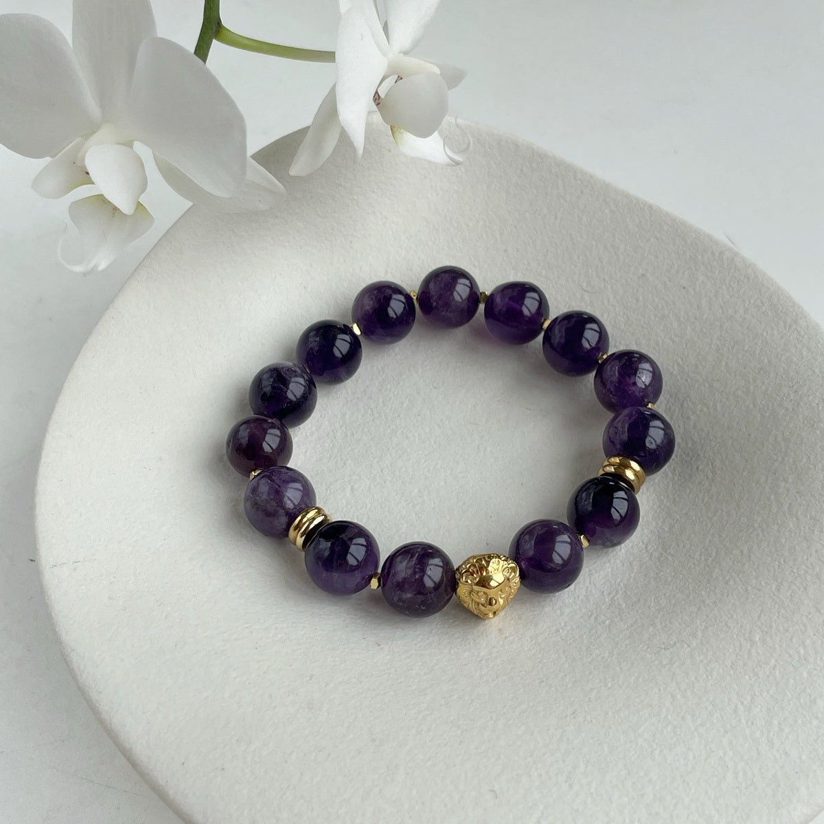 Luxury Amethyst Bracelet | 18K Gold-Plated Lion Head