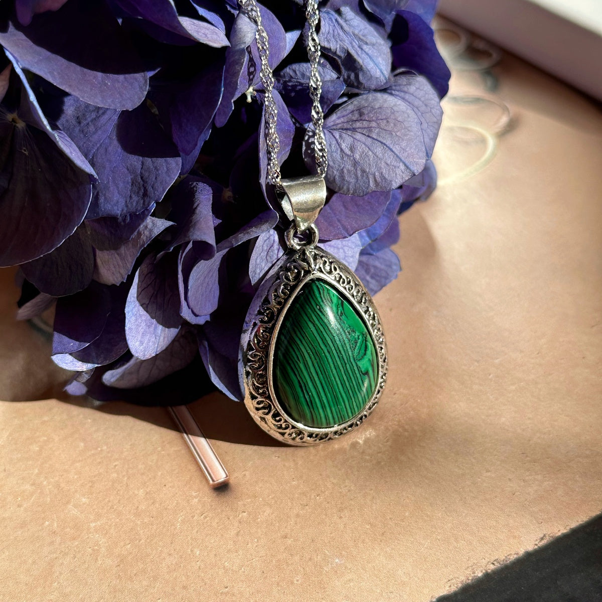 Vintage Floral Frame Gemstone Necklace | Natural Stone Pendant