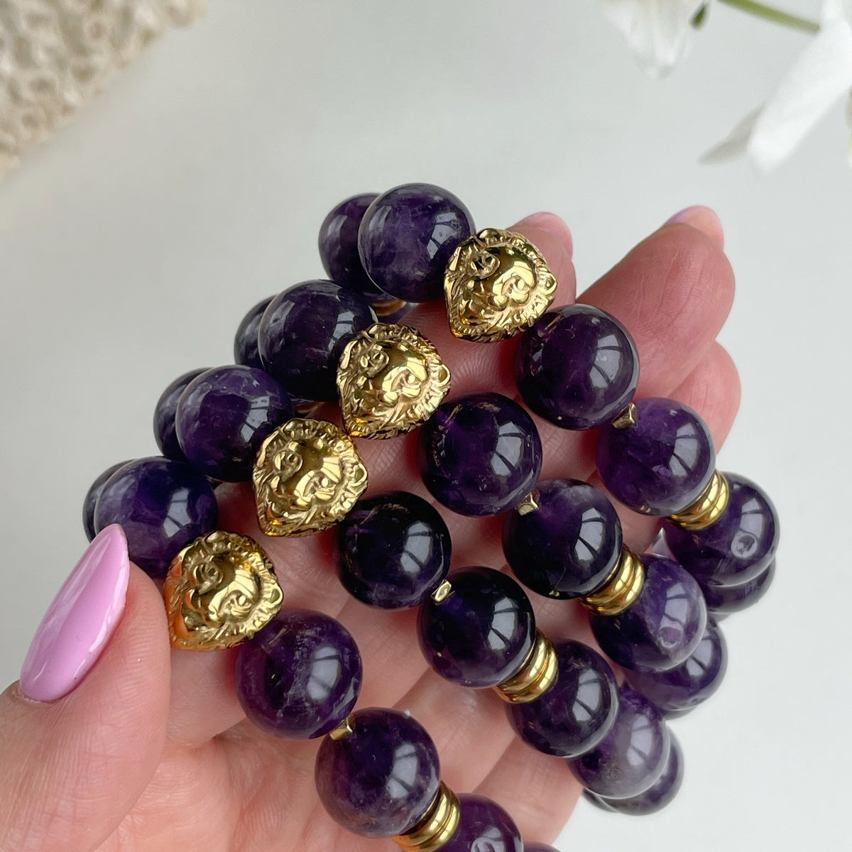 Luxury Amethyst Bracelet | 18K Gold-Plated Lion Head
