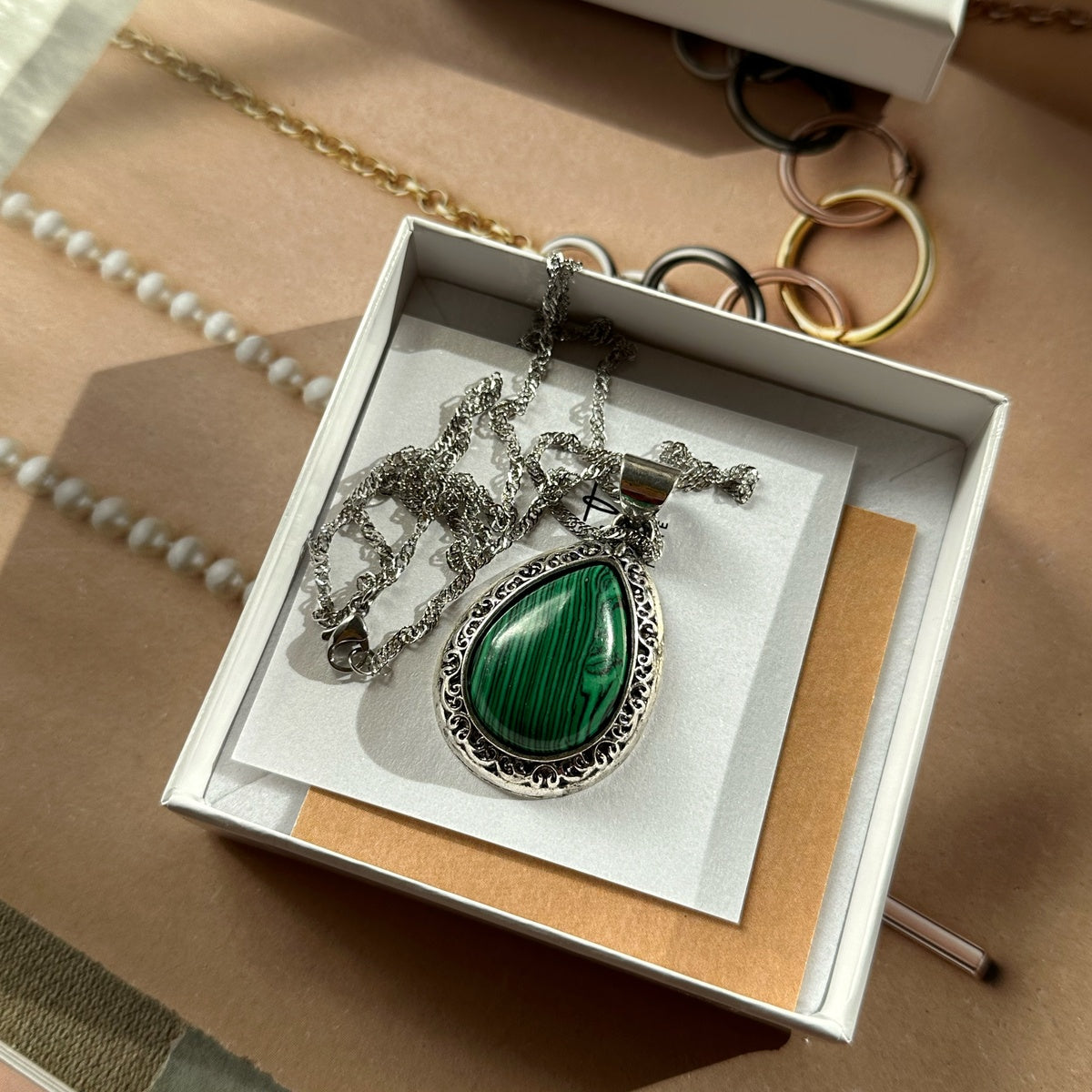 Vintage Floral Frame Gemstone Necklace | Natural Stone Pendant