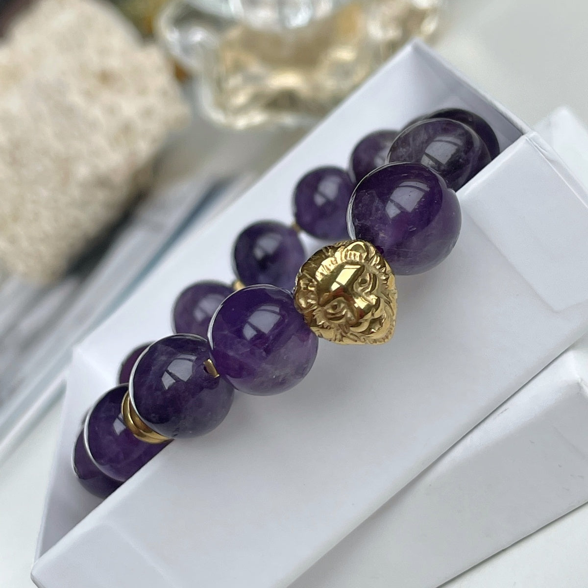 Luxury Amethyst Bracelet | 18K Gold-Plated Lion Head
