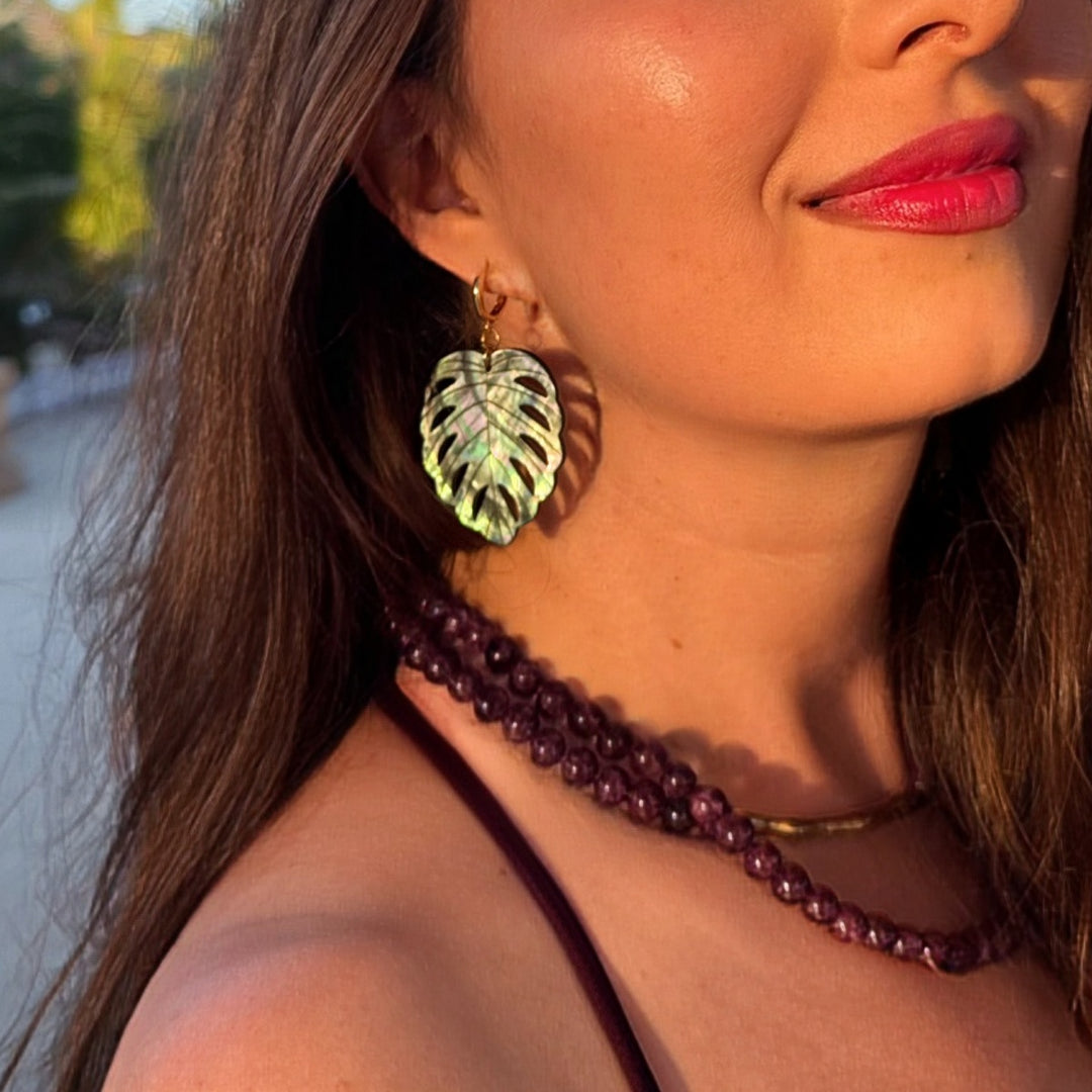 Abalone Shell Monstera Leaf Earrings