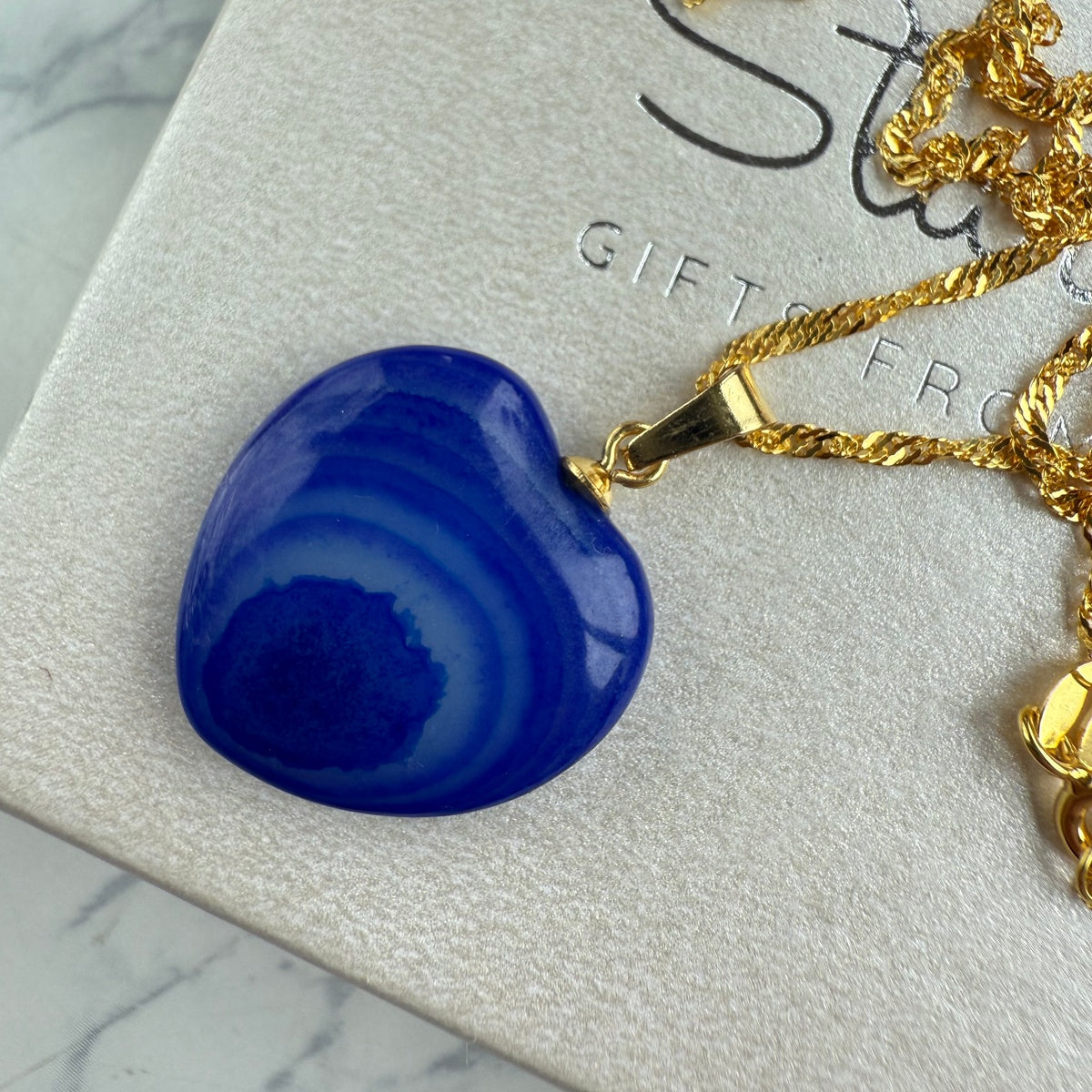 Natural Royal Blue Agate Heart Necklace | Gold