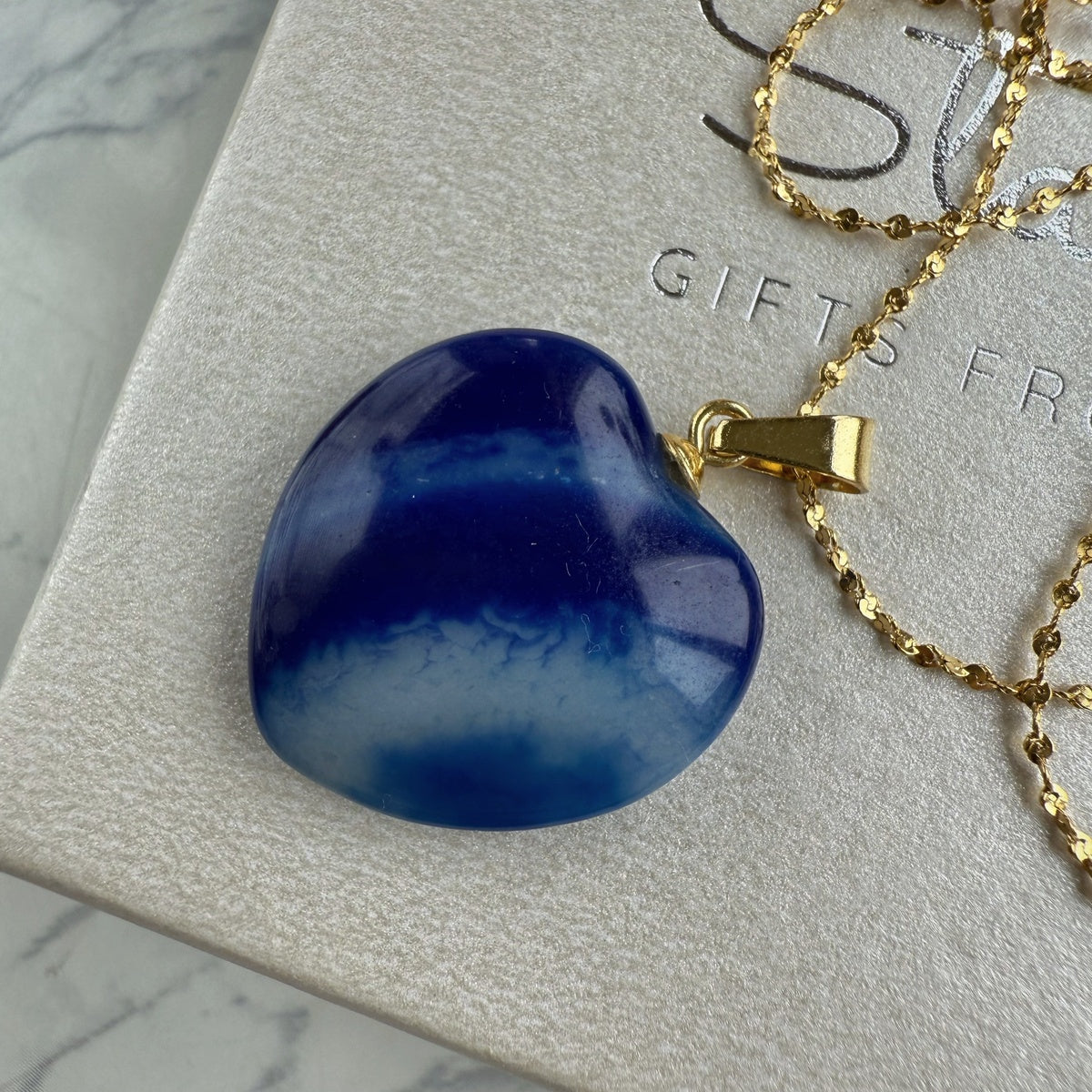 Natural Royal Blue Agate Heart Necklace | Gold