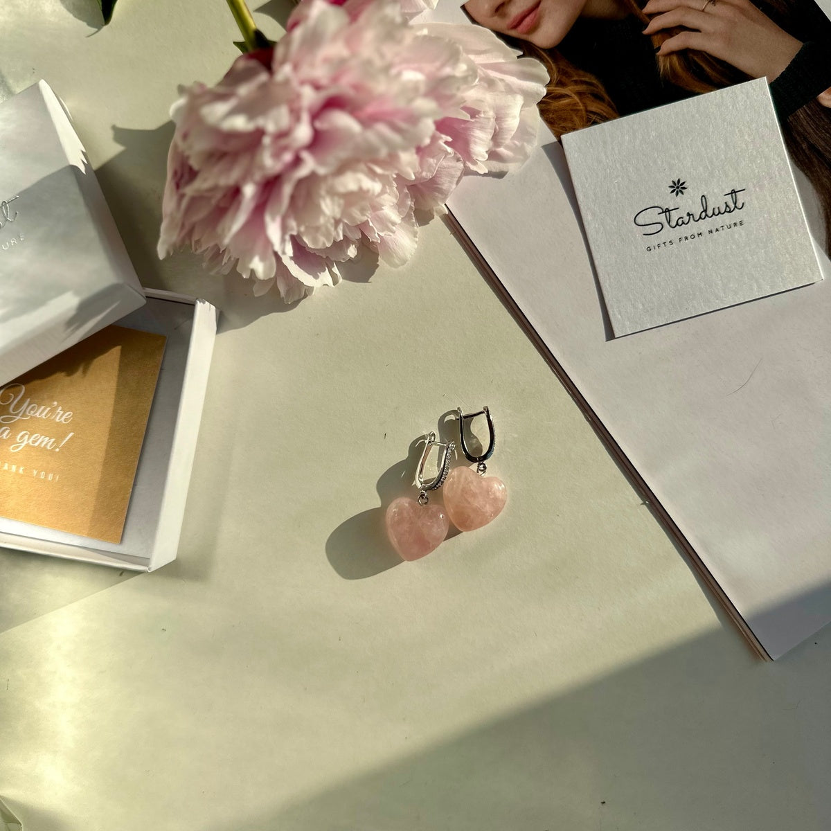 Rose Quartz Heart Earrings | Rhodium-Plated & Sparkling Zirconia