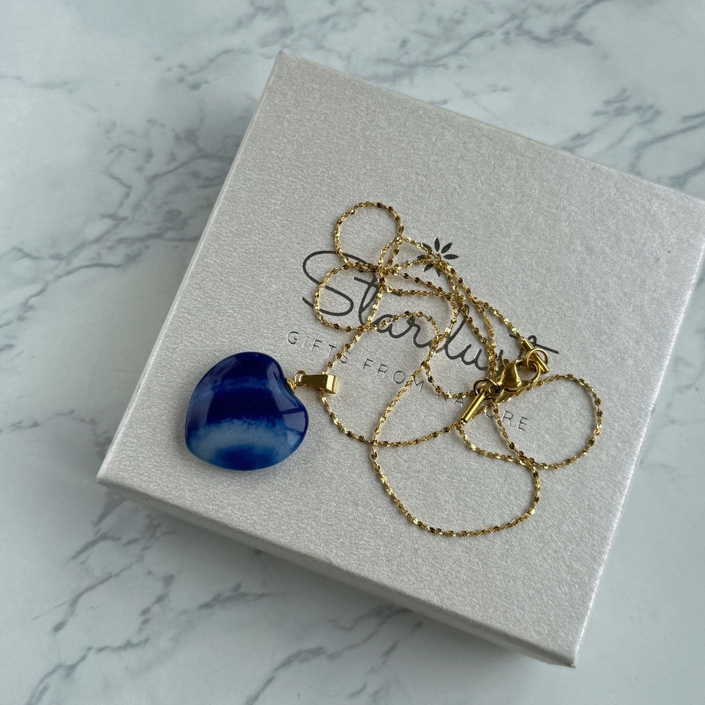 Natural Royal Blue Agate Heart Necklace | Gold