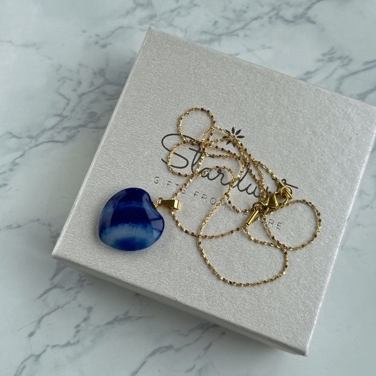Natural Royal Blue Agate Heart Necklace | Gold
