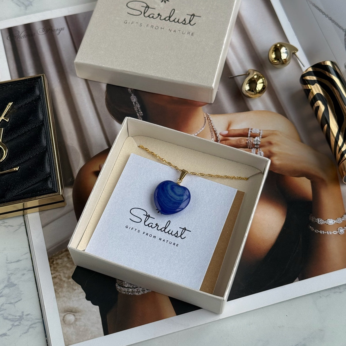 Natural Royal Blue Agate Heart Necklace | Gold