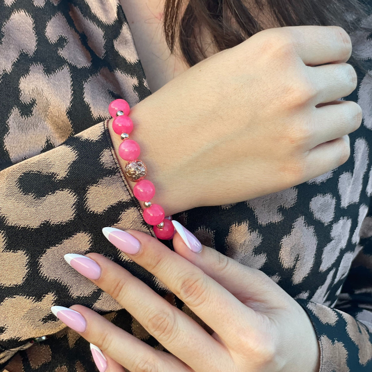 Fuchsia Pink Jade Bracelet | Rose Gold Hematite