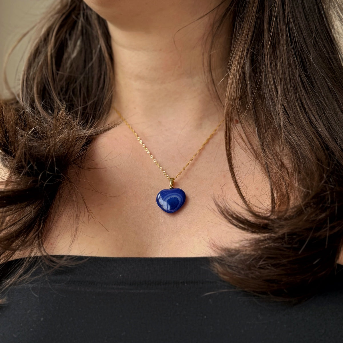 Natural Royal Blue Agate Heart Necklace | Gold