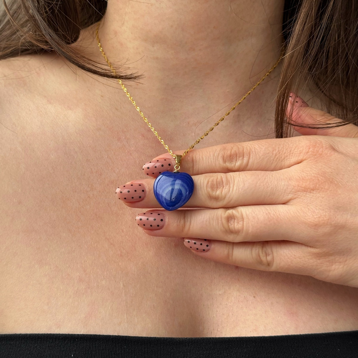Natural Royal Blue Agate Heart Necklace | Gold