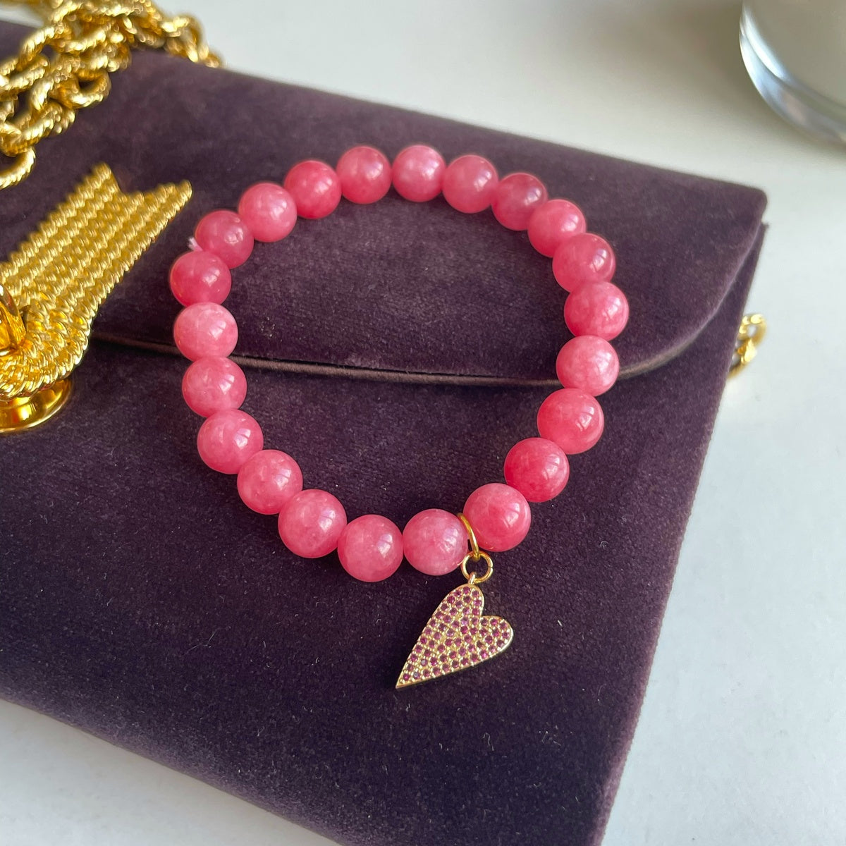 Rose Jade Heart Charm Bracelet | Pink Gemstone & Gold Zirconia
