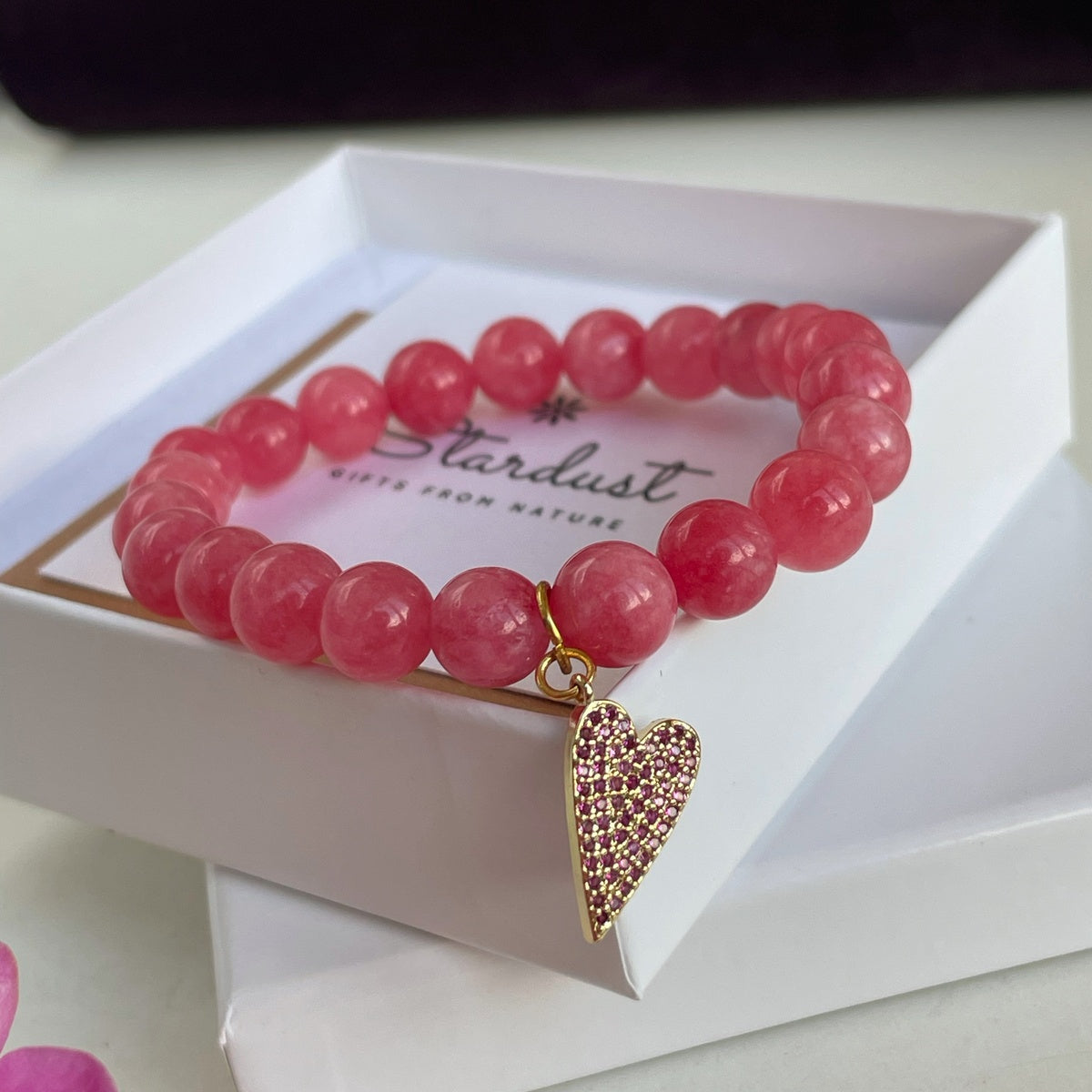 Rose Jade Heart Charm Bracelet | Pink Gemstone & Gold Zirconia