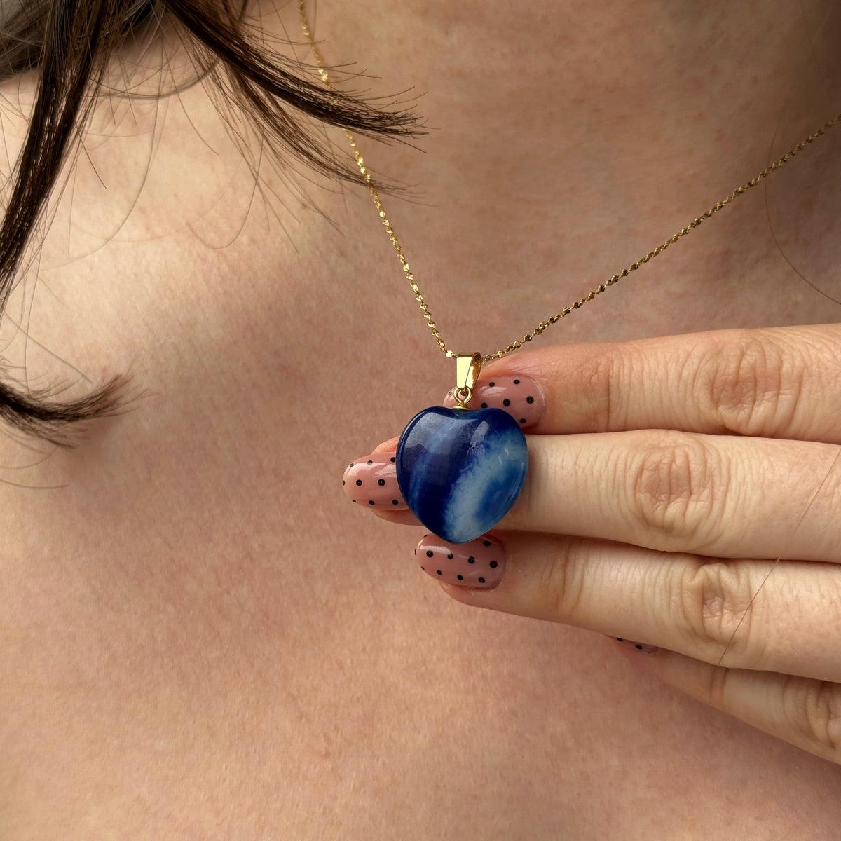 Natural Royal Blue Agate Heart Necklace | Gold