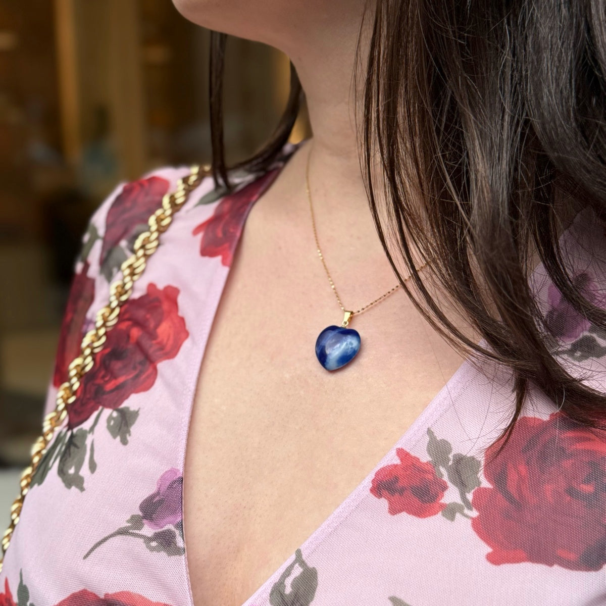 Natural Royal Blue Agate Heart Necklace | Gold