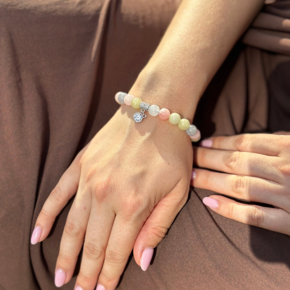 Tender Grace | Natural Morganite Beaded Bracelet with Sparkling Zircon Charm