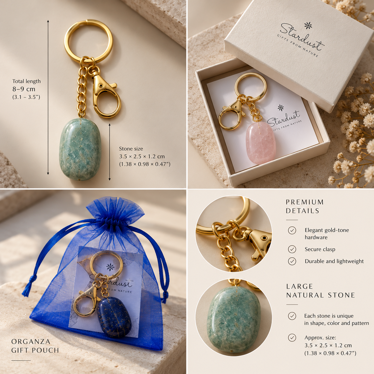 Natural Crystal Keychain, Large Tumbled Gemstone Keychain, Crystal Gift, Gold Keyring with Clasp