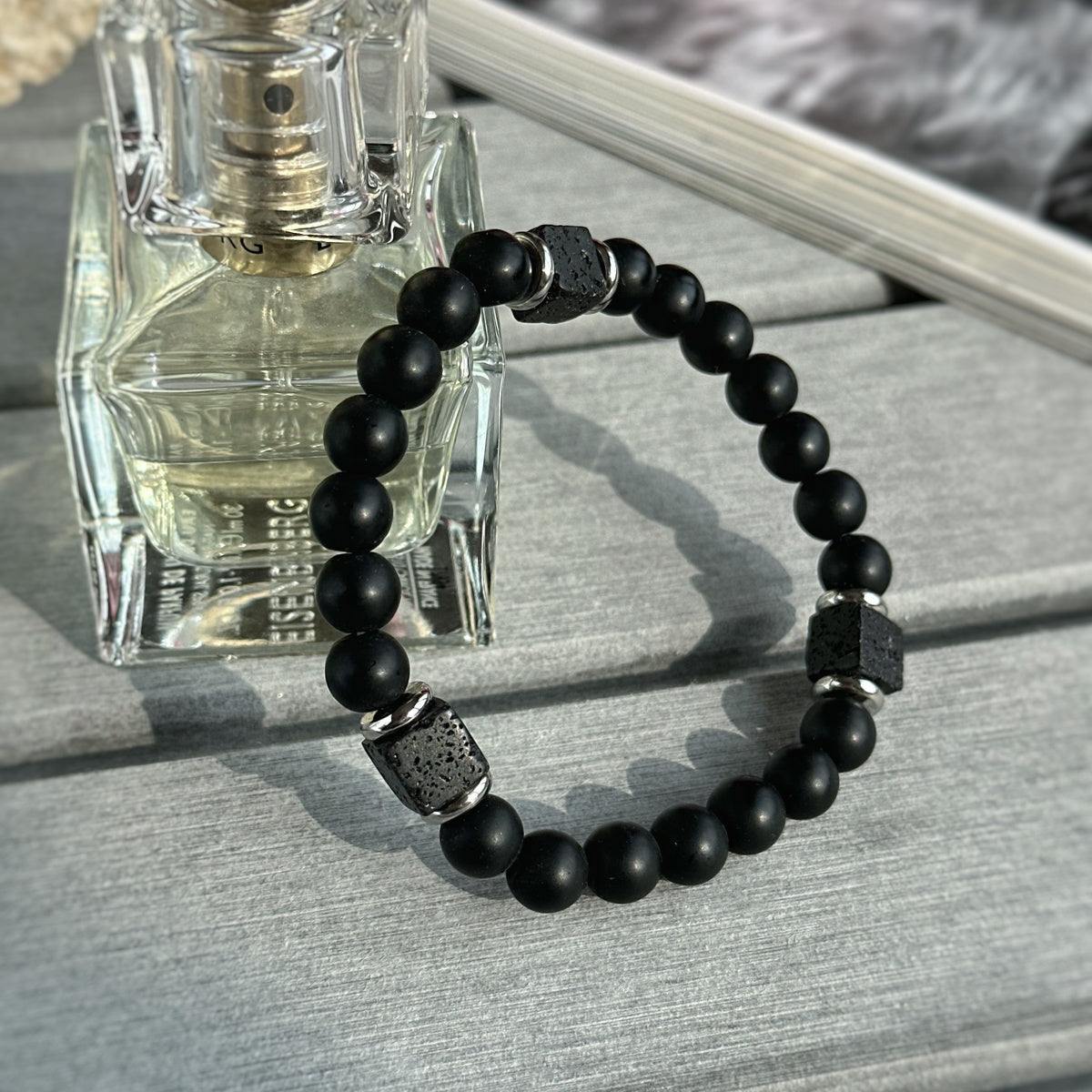 Lava Stone Cube Bracelet | Black Onyx & Steel