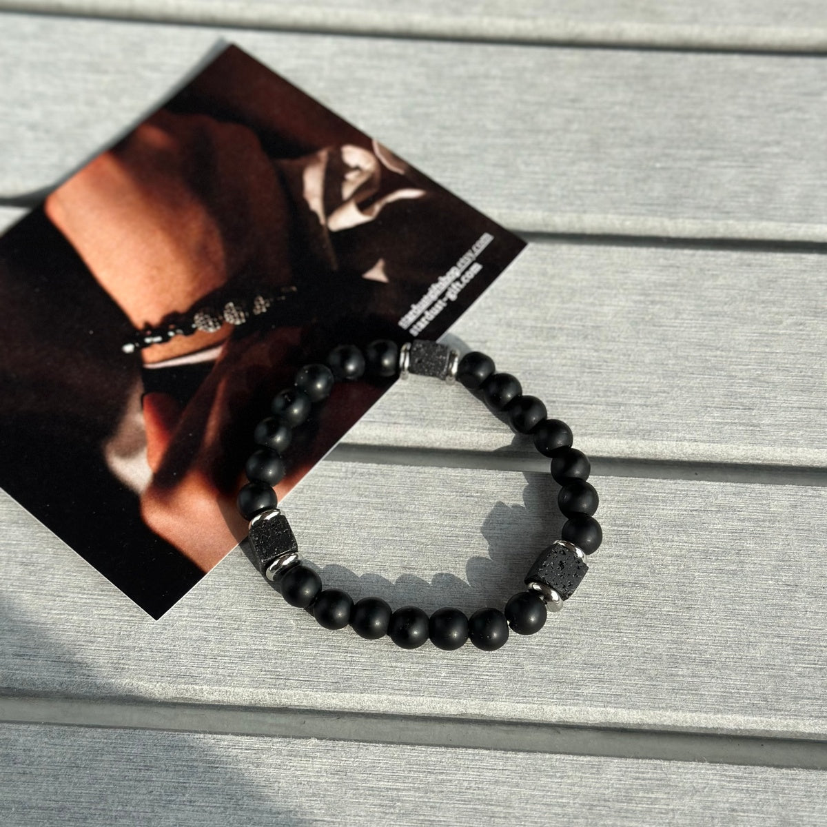 Lava Stone Cube Bracelet | Black Onyx & Steel
