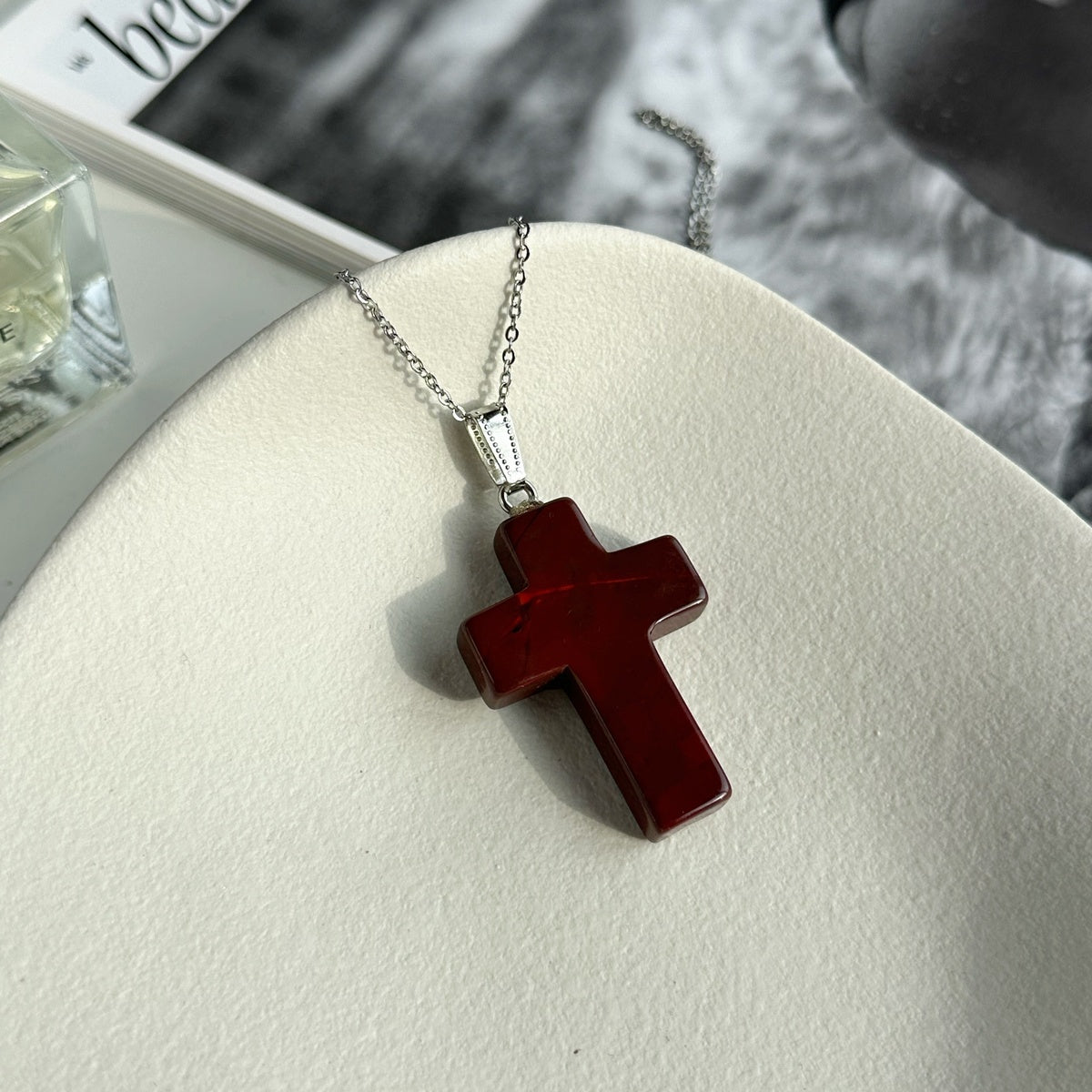 Natural Red Jasper Cross Pendant Necklace 4cm | Strength & Grounding | Spiritual Jewelry