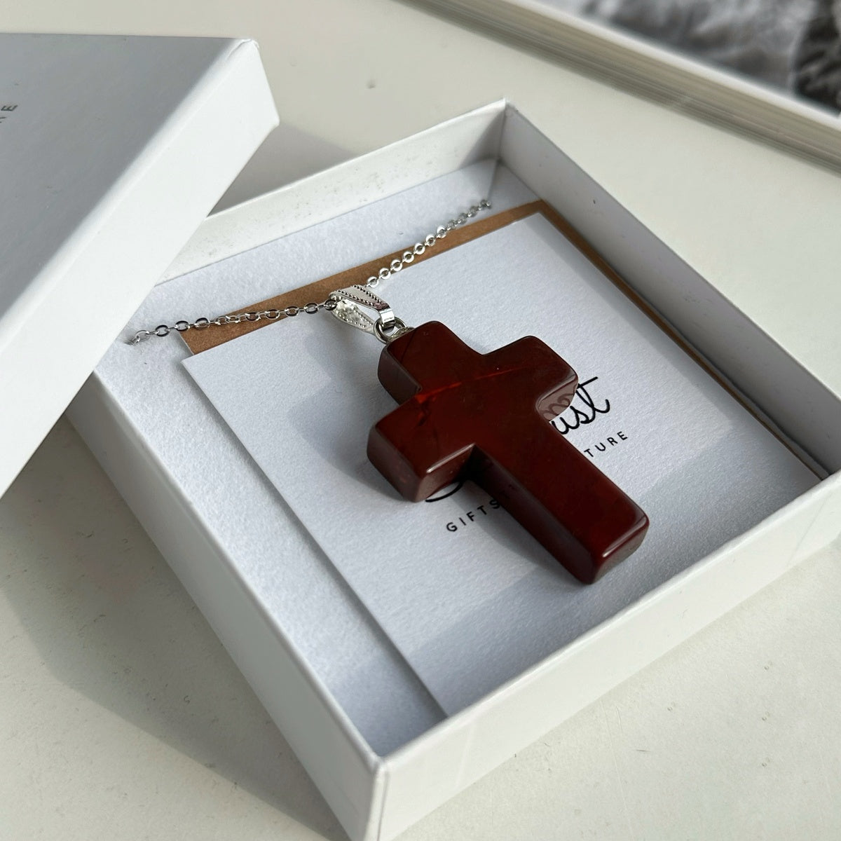 Natural Red Jasper Cross Pendant Necklace 4cm | Strength & Grounding | Spiritual Jewelry