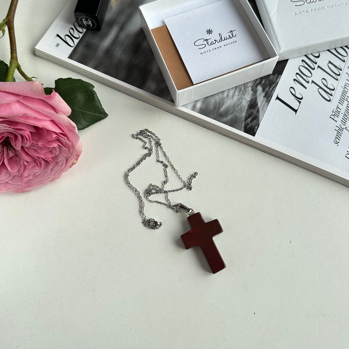 Natural Red Jasper Cross Pendant Necklace 4cm | Strength & Grounding | Spiritual Jewelry