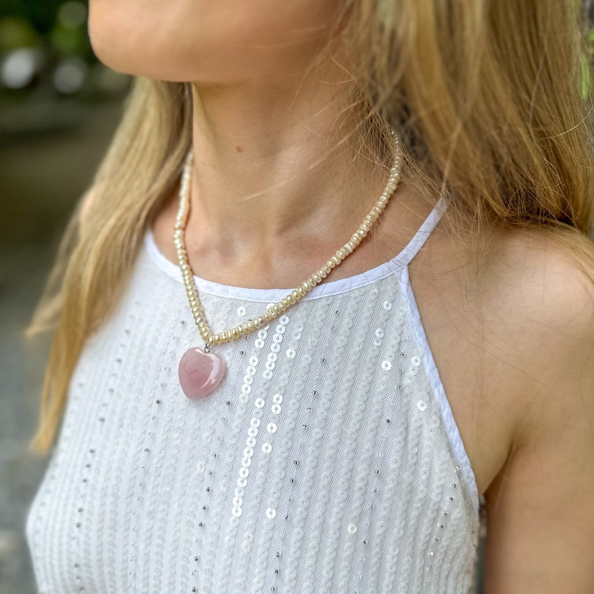 Natural Pearl Choker with Rose Quartz Heart | Romantic Gemstone Necklace