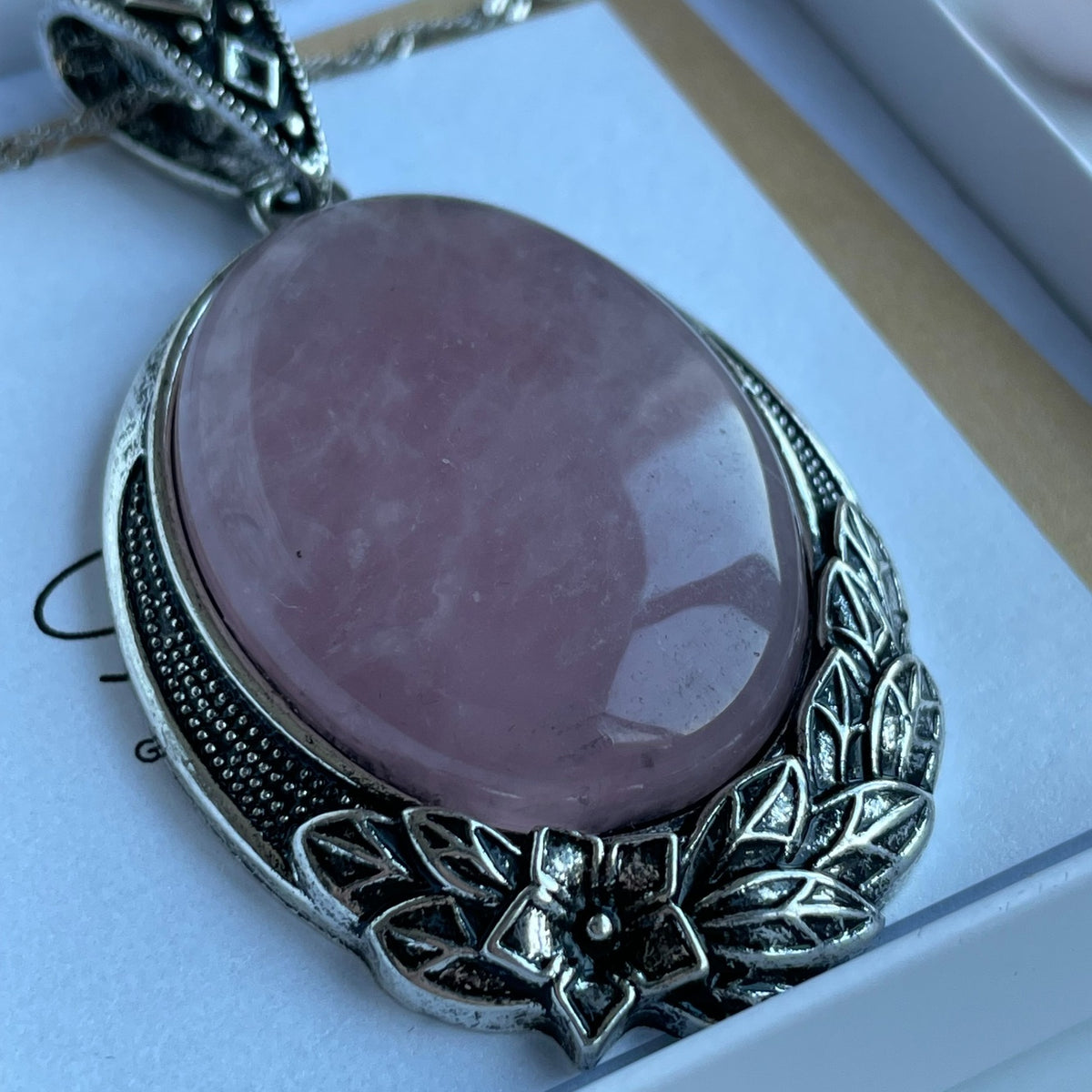 Large Rose Quartz Floral Pendant Necklace | Pink Gemstone Statement Jewelry