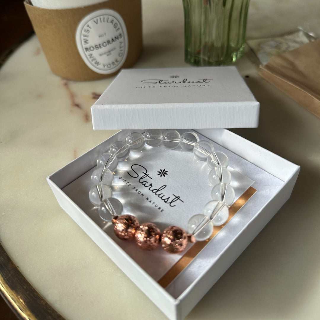 Natural Clear Quartz bracelet with rose gold Lava stone