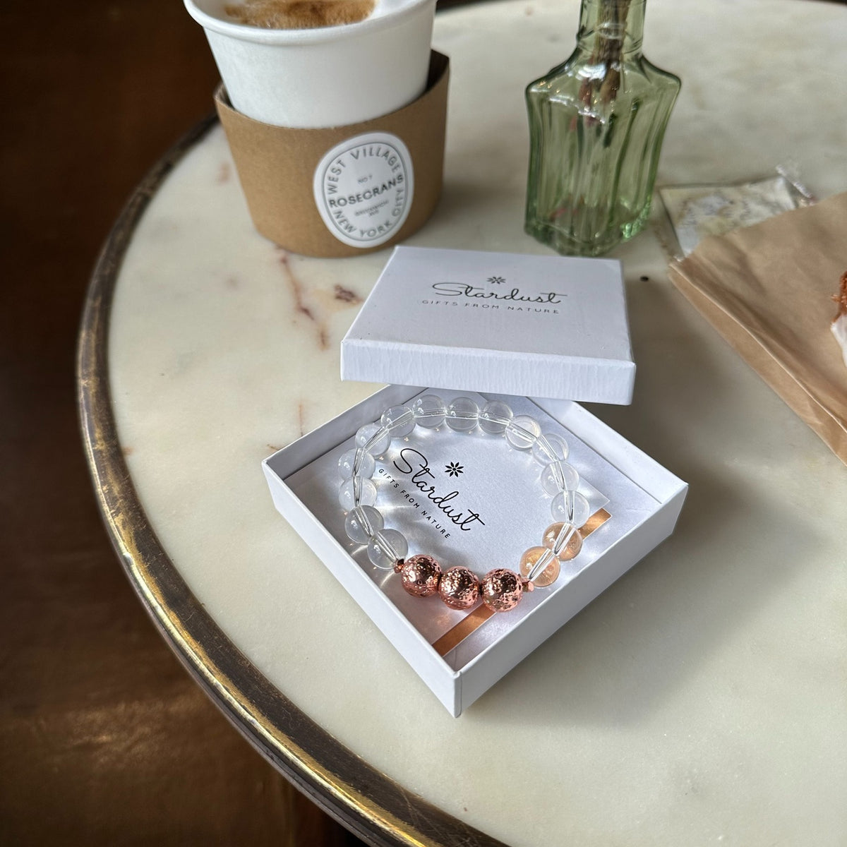 Natural Clear Quartz bracelet with rose gold Lava stone