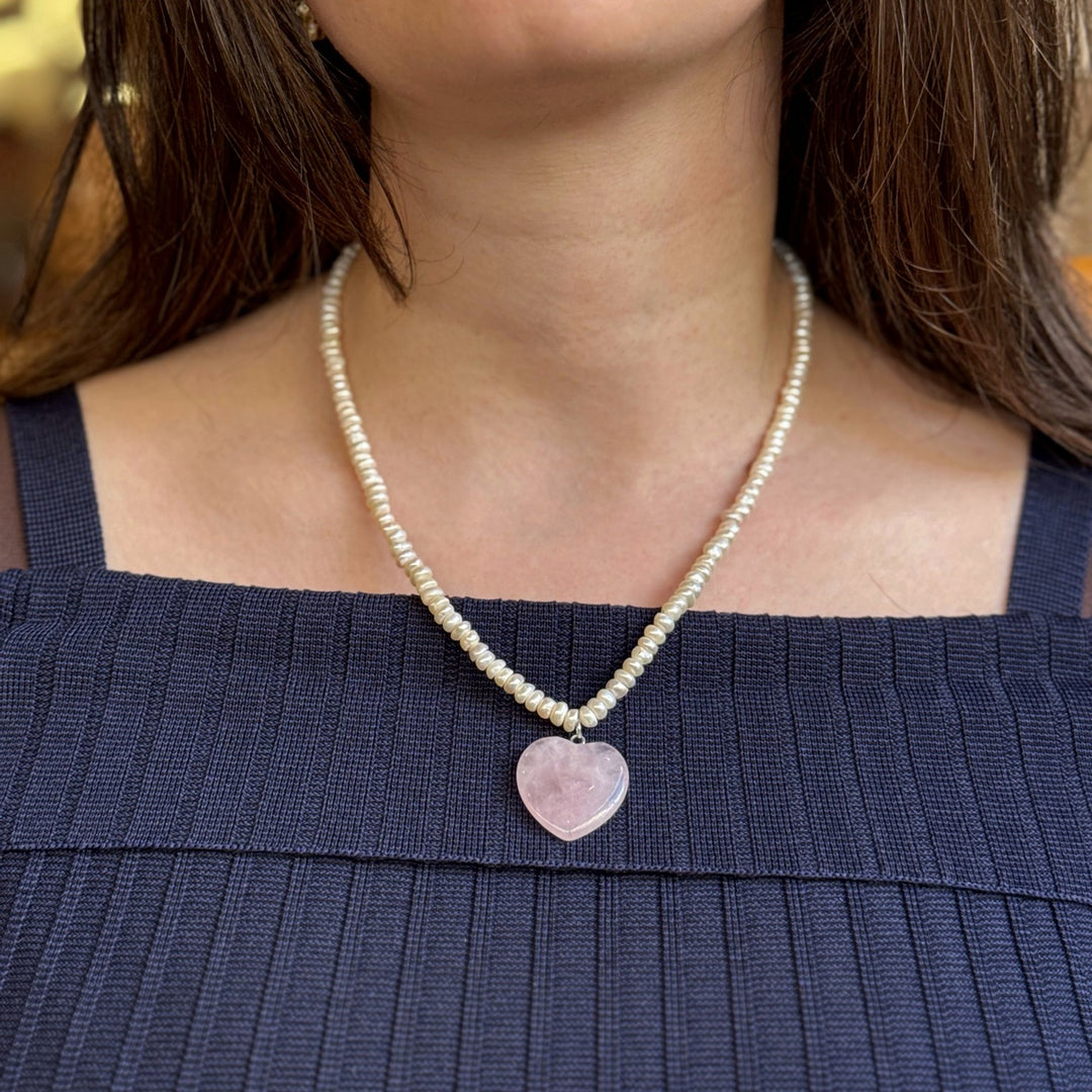 Romantic Pearl Choker with Rose Quartz Heart