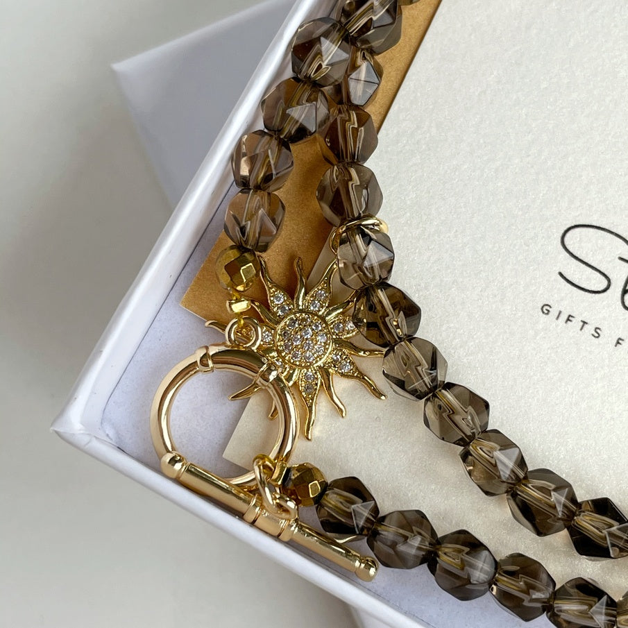 Luxury Smoky Quartz beaded necklace with gold Sun charm