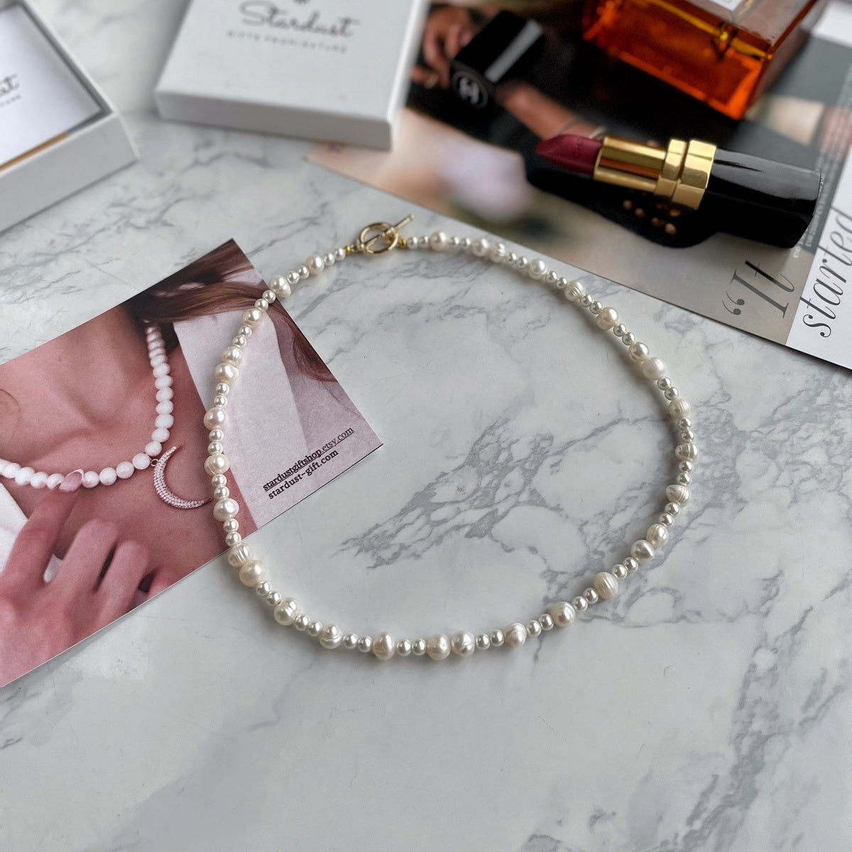 Stylish white pearl choker with toggle gold plated clasp