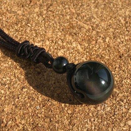 "Soul Bodyguard" - Intense Black Obsidian Round Pendant made from magma - gift for men