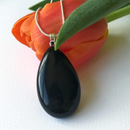 "Protective" stone - Genuine Glossy Jet Black Obsidian drop-shaped pendant - clean design pendant for women