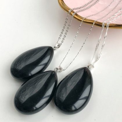 "Protective" stone - Genuine Glossy Jet Black Obsidian drop-shaped pendant - clean design pendant for women