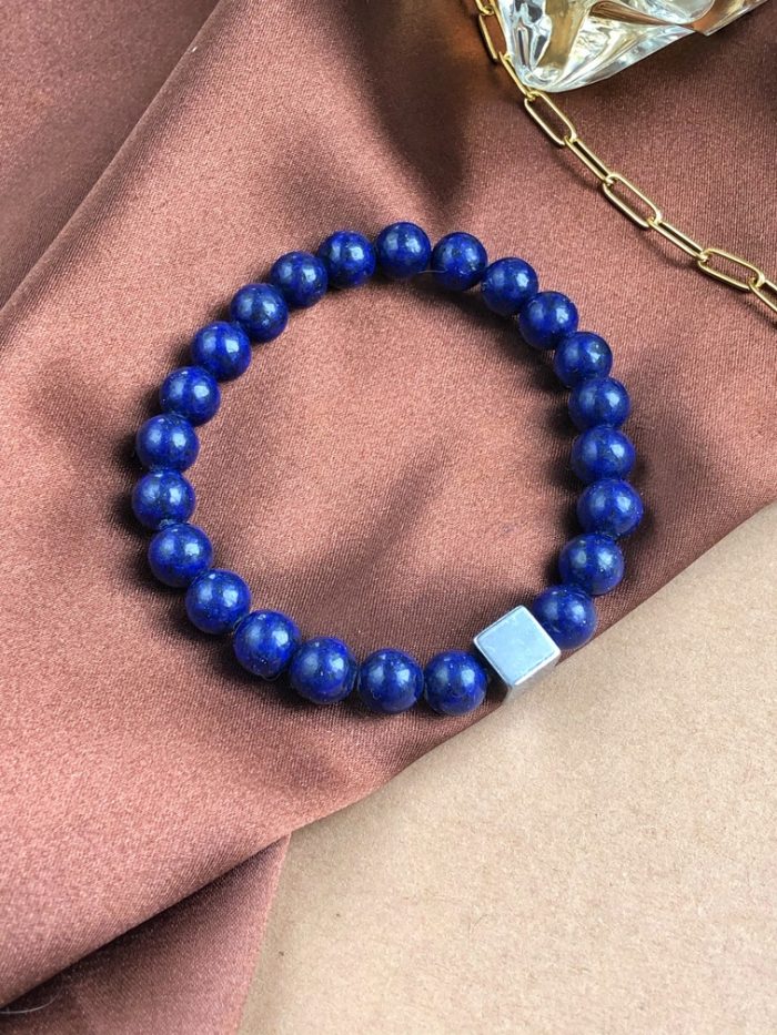 Lapis Lazuli mens bracelet with gold cube, blue bracelet for him