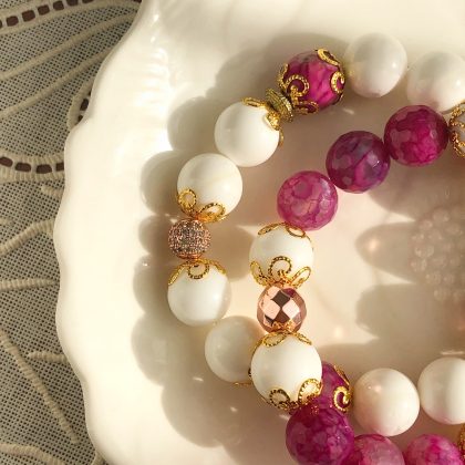 "Inner energy" stone 10mm White and Pink Agate bracelet featured with gold copper and zircons